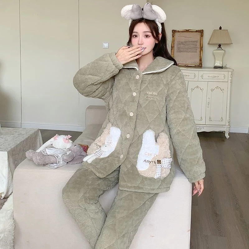 TULX2025新款秋冬季天女士睡衣三层夹珊瑚绒加绒加厚大码家居服套