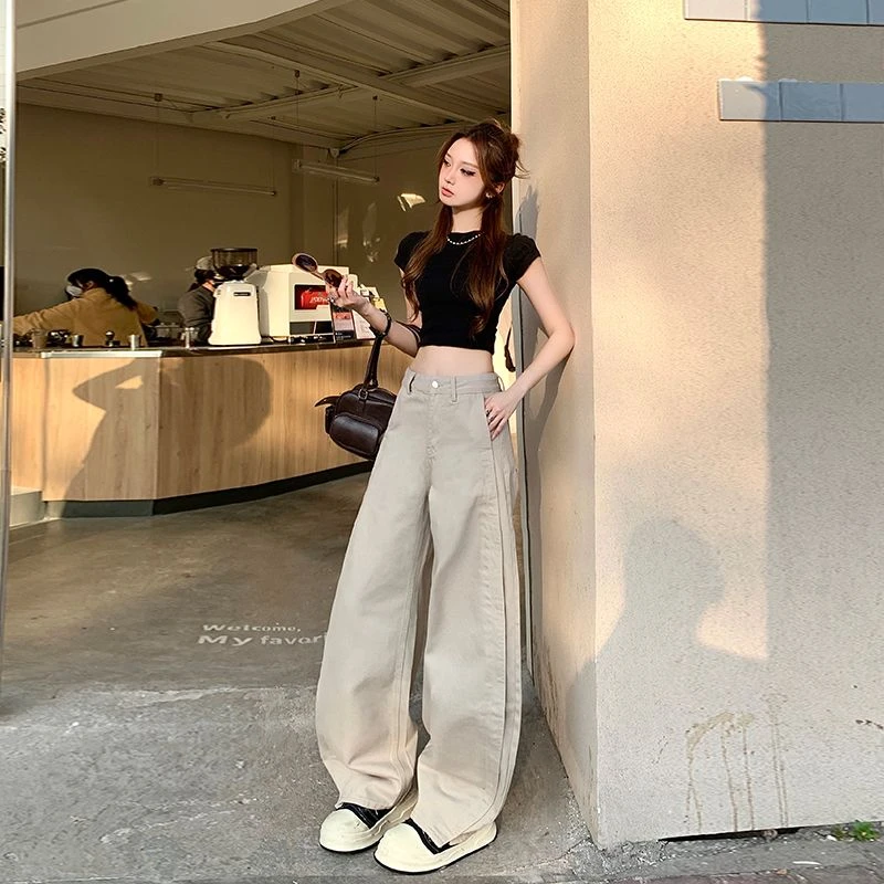 莫兰迪灰弯刀牛仔裤女春季高腰时尚设计感裤子女款爆款新款林总总