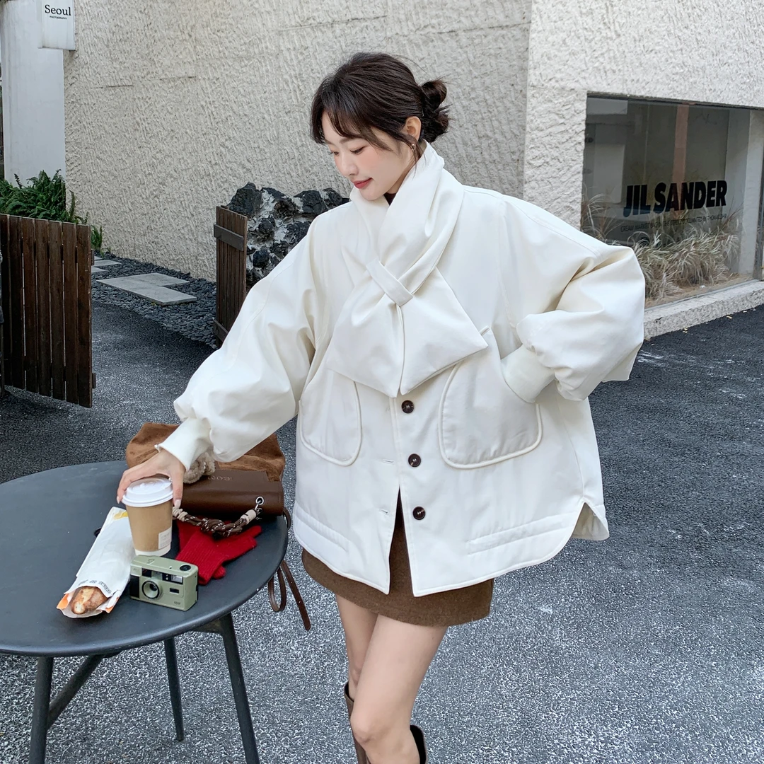 设计款围巾领羽绒服女2025冬季新款韩系减龄宽松显瘦白鸭绒厚外套