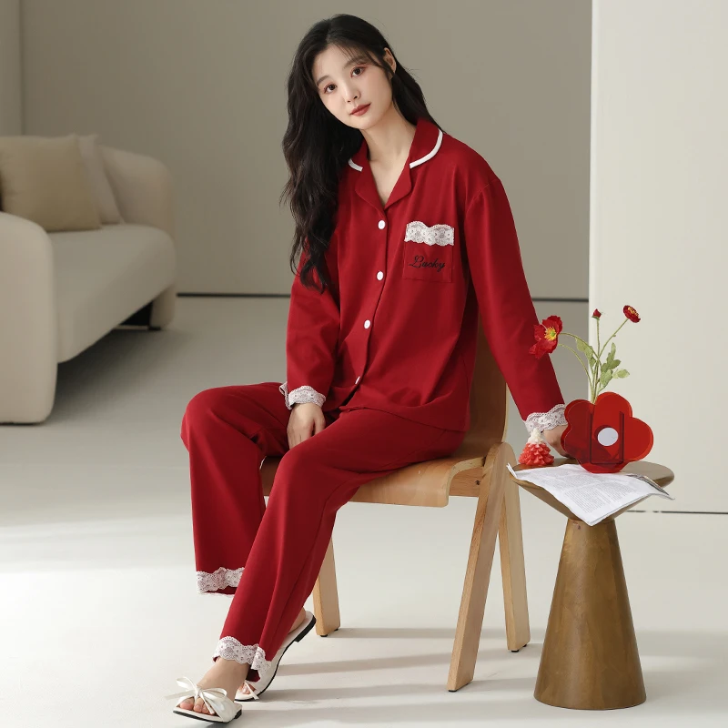 MILORD【蕾丝红】时尚女士长袖红色本命年结婚喜庆新年简约休闲睡衣