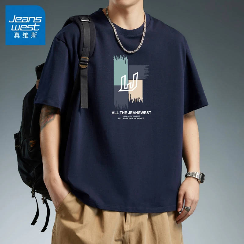 Jeanswest/真维斯男士t恤短袖新款潮流宽松夏季印花休闲纯棉衣服
