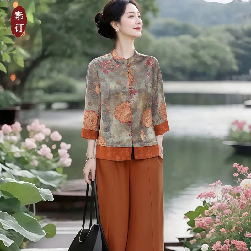 素订女装原创品牌旗舰店新中式撞色衬衫+松紧腰舒适裤子套装秋季