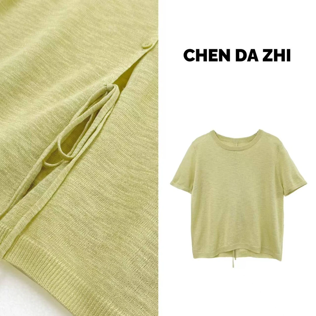 【大只定制】奶皮上衣 设计款百搭圆领后背开叉短袖针织衫5XZBS9479