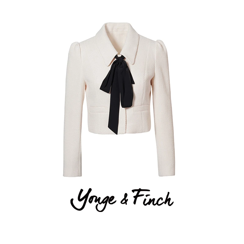 Yonge&Finch/扬芬缇复古蝴蝶结飘带杏色小香风外套女翻领 UPHOLDY