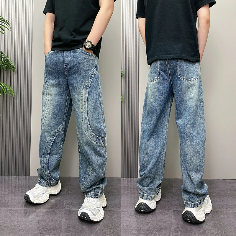 美式拼接裁剪阔腿老爹裤男士韩版宽松2025秋季新款休闲直筒牛仔裤