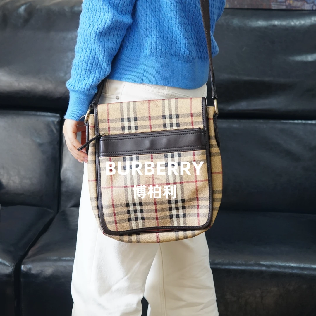 95新 BURBERRY/博柏利 巴宝莉/格纹拼皮斜挎包/MP01617033/7033