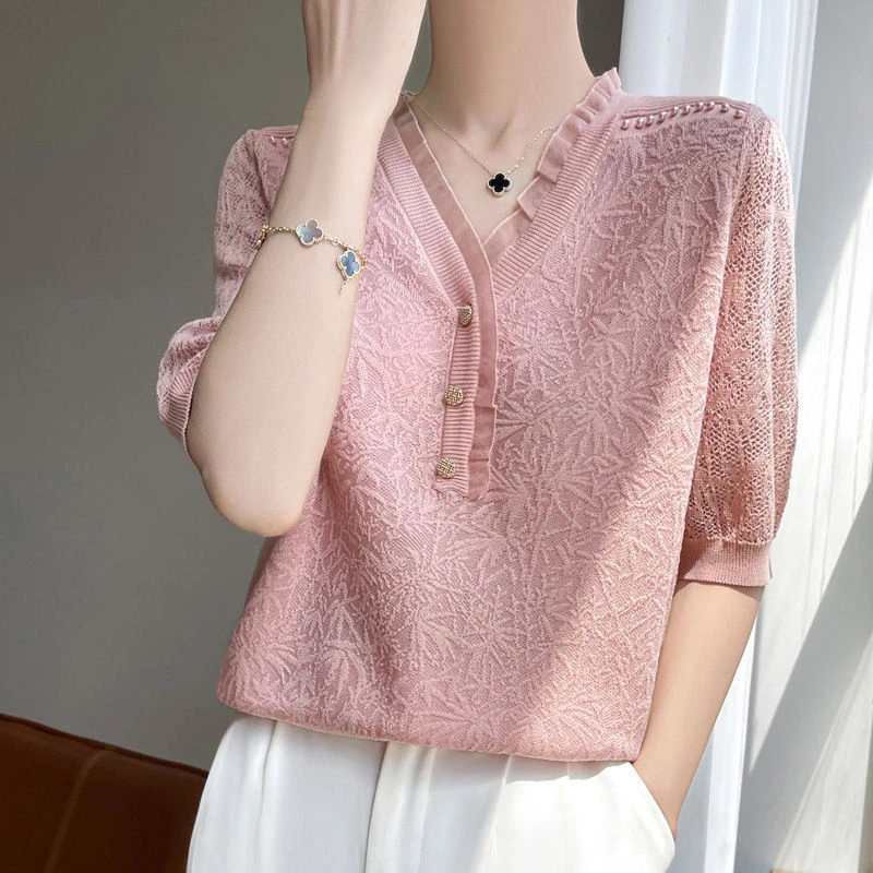 夏新款小香风蕾丝花边木耳边镂空提花冰丝针织衫花边短袖薄款上衣