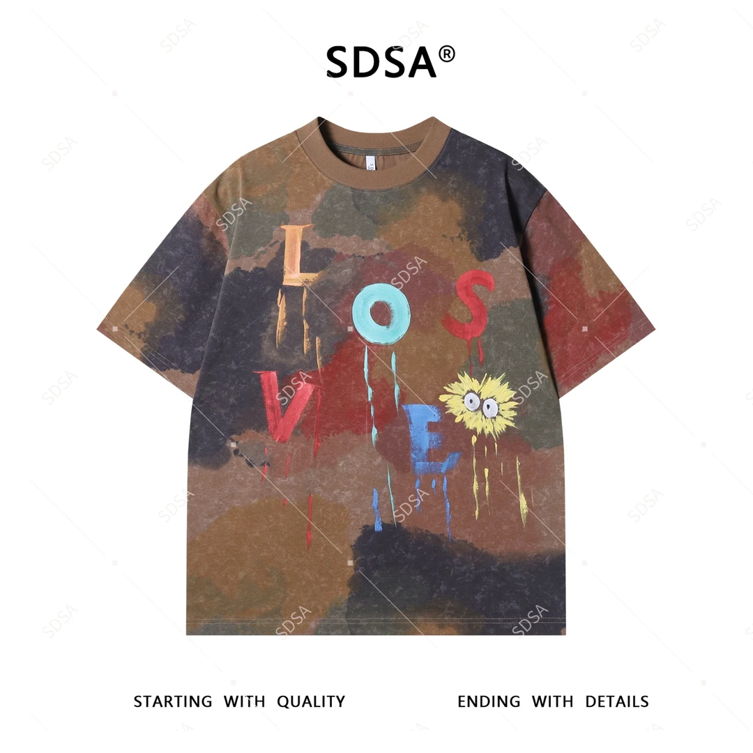 SDSA夏季新款男士痞帅美式撞色手绘字母圆领短袖T恤小众设计上衣