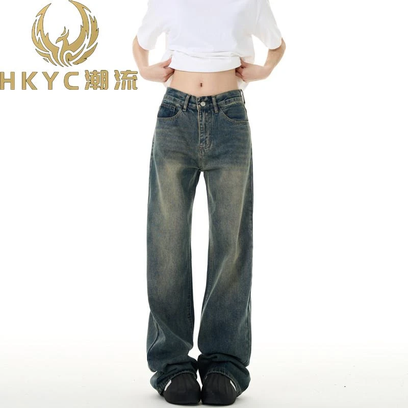 HKYC美式复古牛仔裤男女深色高街水洗做旧高腰阔腿宽松直筒裤子