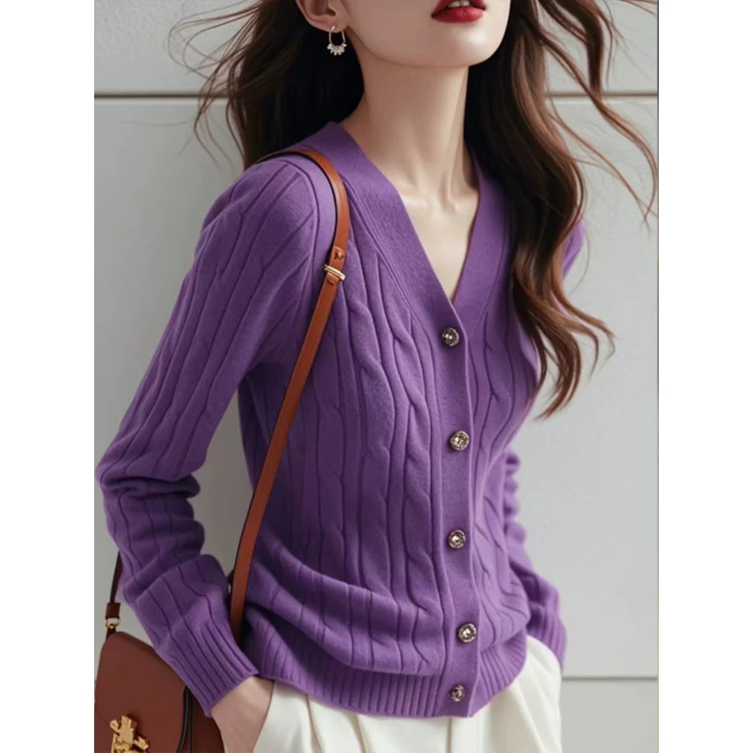 紫色v领针织衫上衣春装女2025新款今年流行独特漂亮法式显瘦小衫