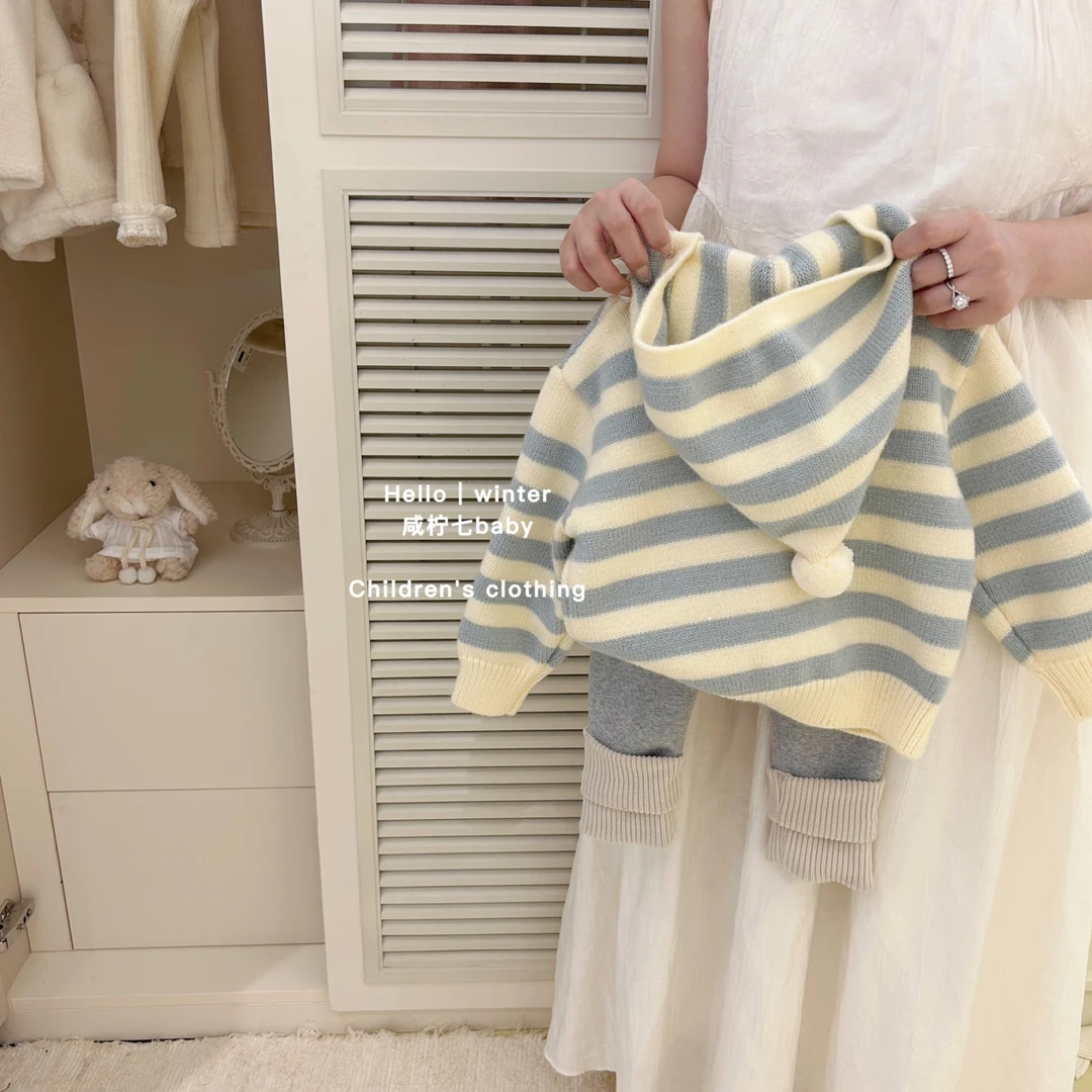 【现】女童毛衣秋冬装2024新款儿童针织衫连帽男宝宝条纹外套潮