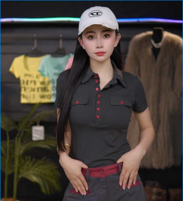 2025夏季新款气质简约红色纽扣POLO领短袖T恤修身显瘦正肩上衣女
