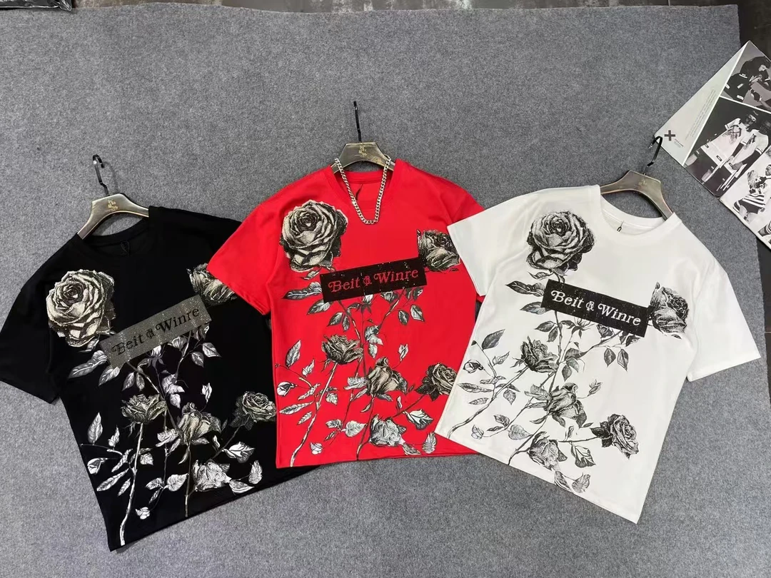 11878#T恤短袖玫瑰花点钻衣服男装时尚黑色印花圆领重工套头百搭