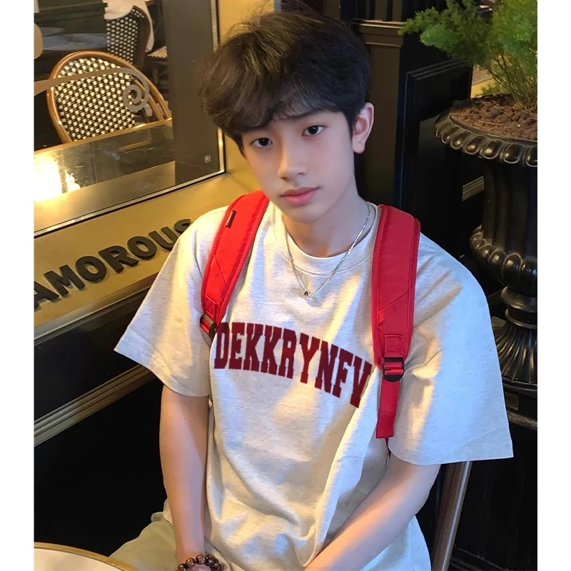 美式简约原创字母印花短袖t恤男夏季潮牌百搭宽松纯棉白灰色上衣