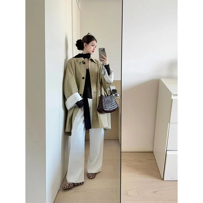 2025秋季新款修身显瘦韩版气质时尚单排扣风衣外套上衣直筒长裤女