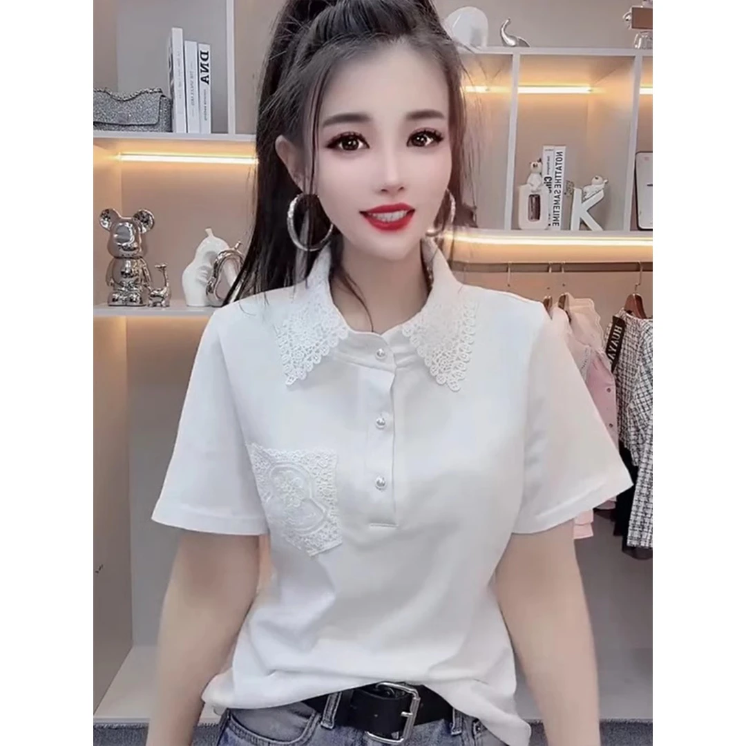 欧货2025夏季新款镂空蕾丝拼接方领短袖T恤女设计感修身显瘦上衣