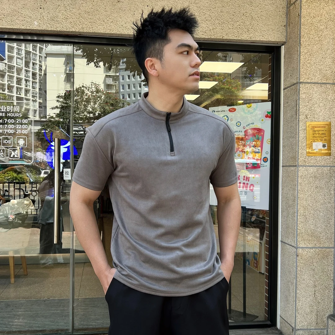 【收口垫肩】美式抗皱健身短袖男运动纯色修身重磅休闲半拉链训练衣