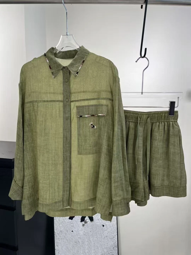 【BAI】夏新款长袖休闲衬衫+高腰短裤两件套1001