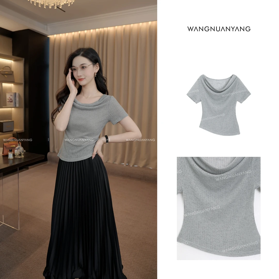 【王暖阳】涟漪|夏季设计感气质荡领微透短袖小衫-Q