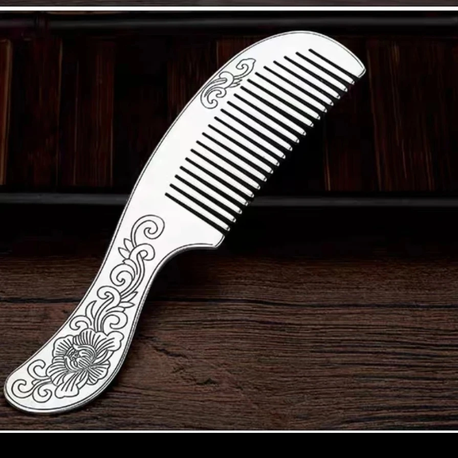 足银银制品 足银999长柄银梳子素款手工送妈妈发饰莲花如意祥云