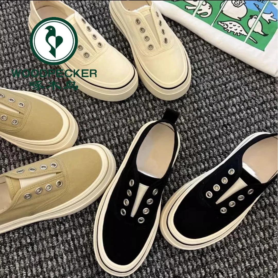 啄木鸟2025新款一脚蹬帆布鞋女夏季薄款透气百搭低帮厚底休闲板鞋