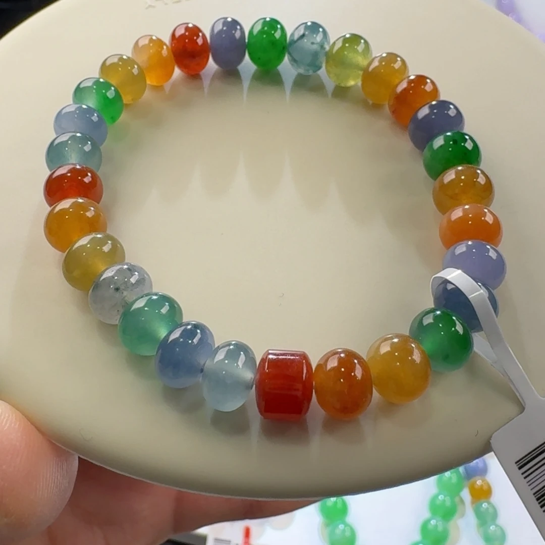翡翠手链未镶嵌高冰彩虹鼓珠手串卡8.8-8 强推！多巴胺！
