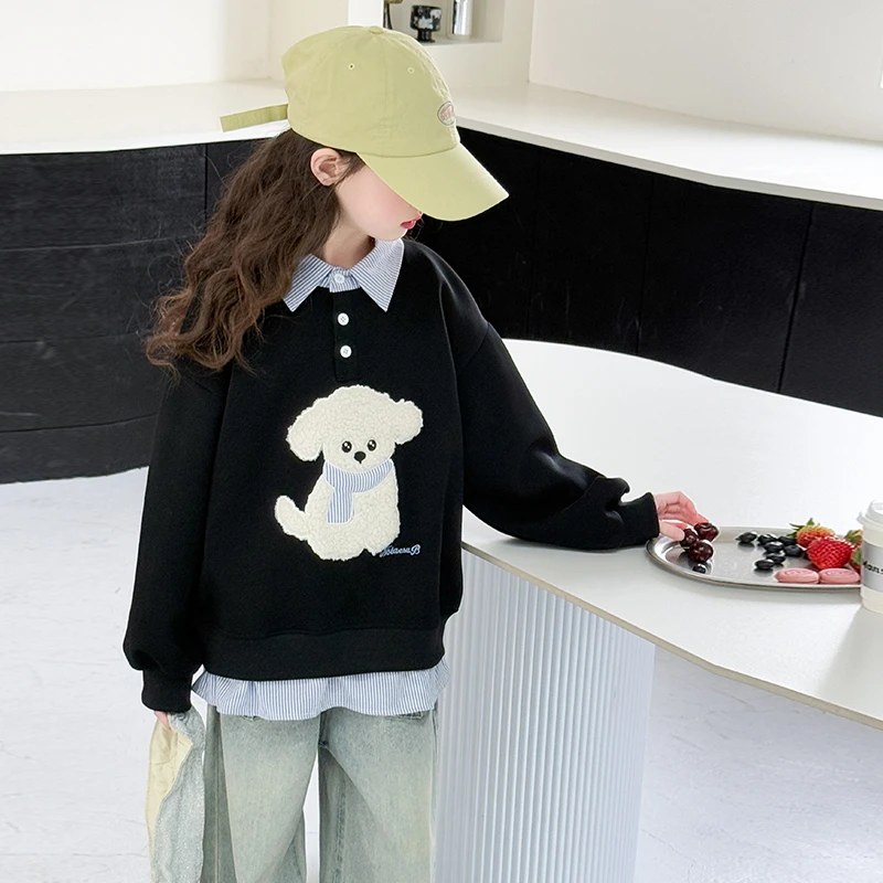 女童春季长袖卫衣中大童假两件翻领洋气休闲宽松韩版女孩上衣百搭