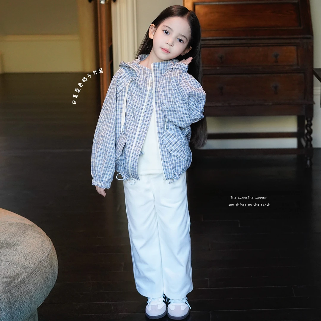 AnnieGirl春季新款女童格子连帽外套2026韩系休闲幼儿园百搭上衣