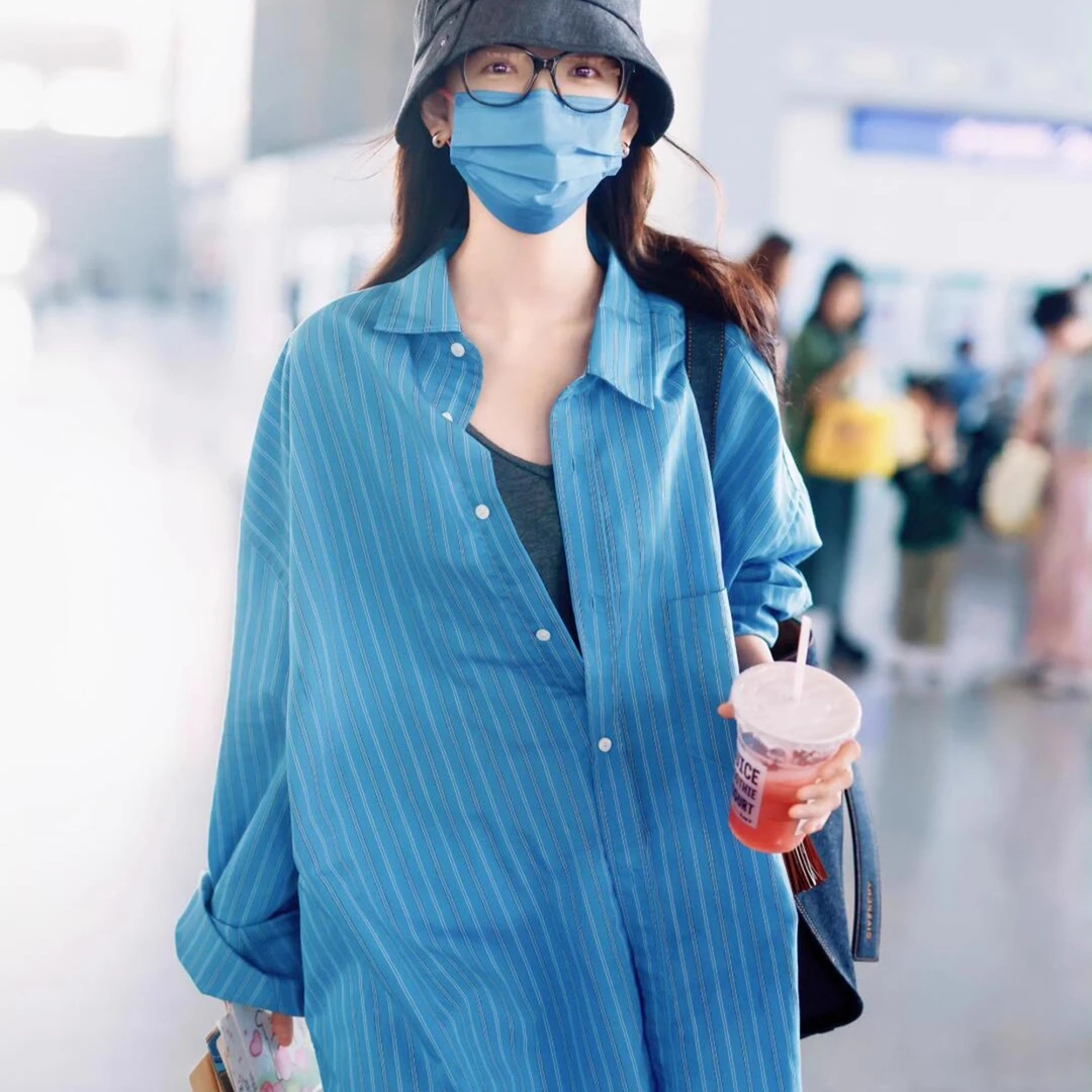 章若楠同款秋季新款蓝色条纹休闲长袖衬衫女宽松显瘦廓形衬衣外套