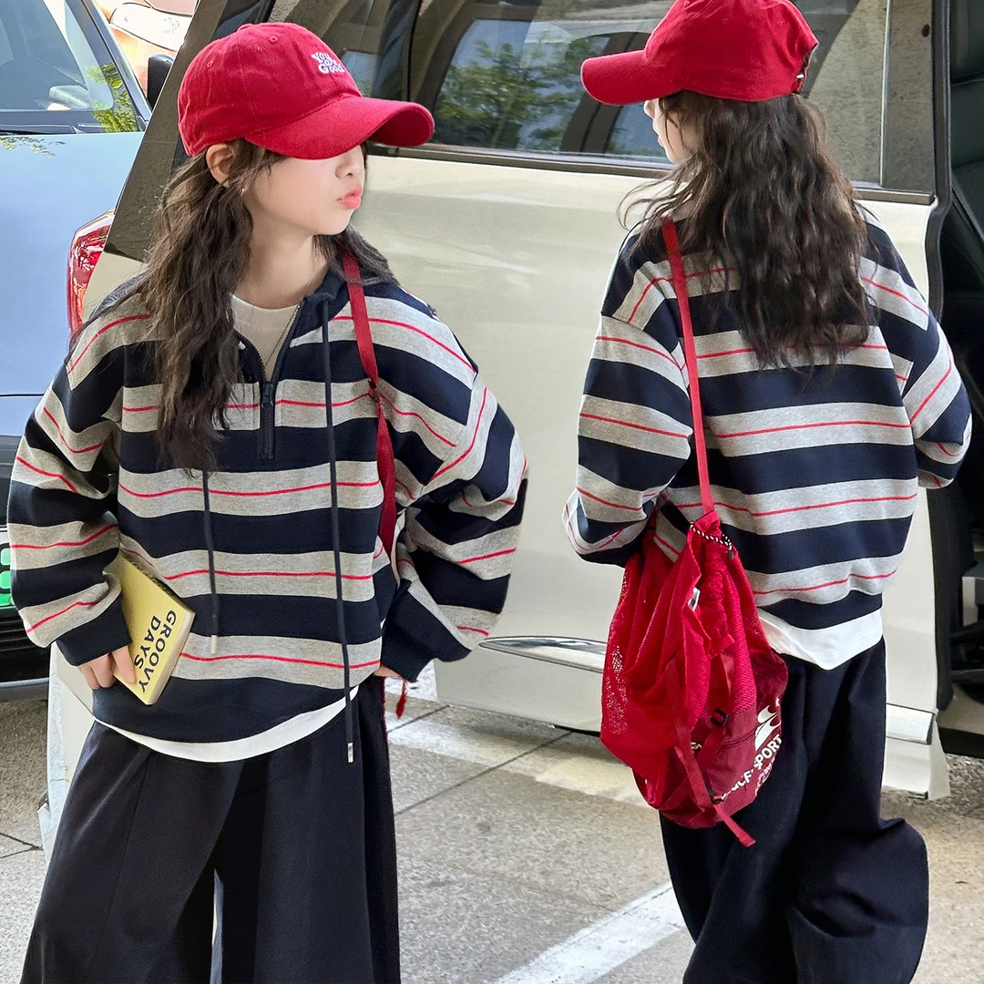 女童秋装洋气套装2025新款中大童卫衣休闲裤两件套条纹洋气宽松潮