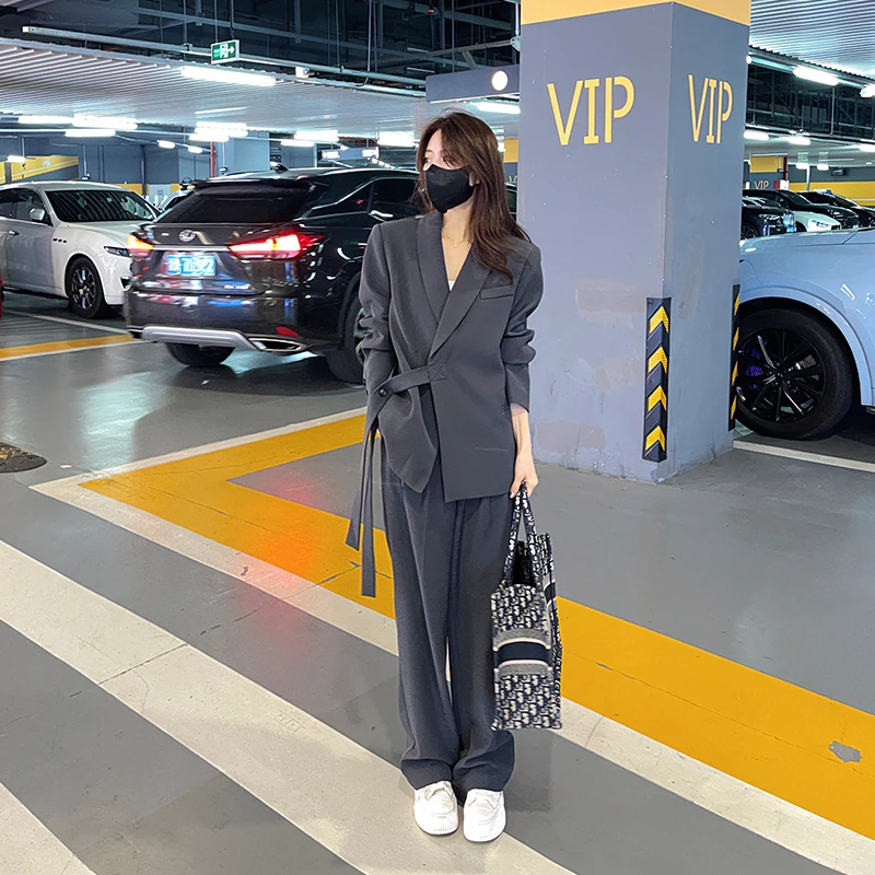 壹壹【高阶套装】设计感绑带西装+高腰垂感西裤两件套 2302Z02