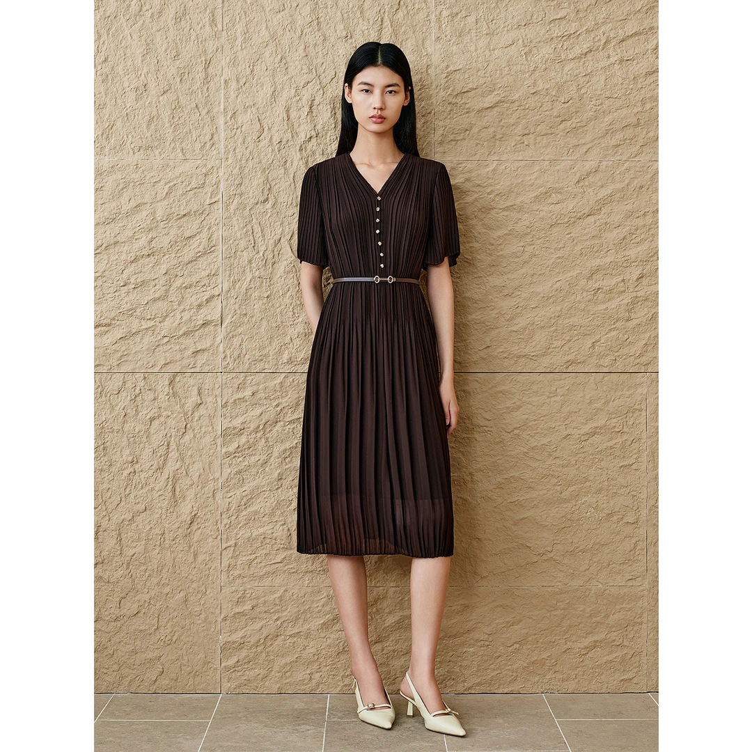 INSUN恩裳专选2025夏季美拉德极简重工压褶连衣裙9C65205210