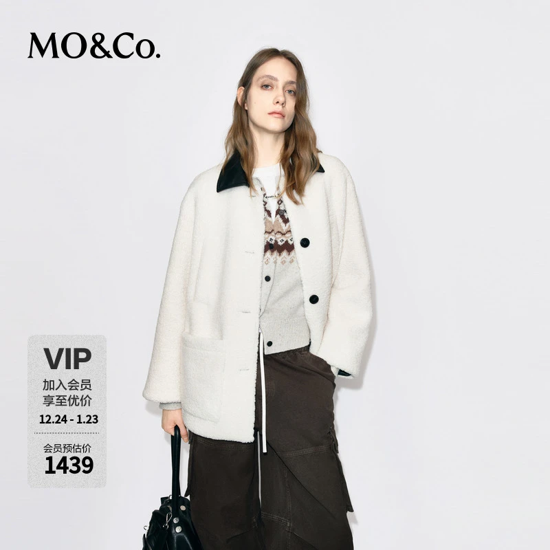 MOCO外套2025冬新品羔毛绒拼接素皮翻领机车风中性廓形MBE4COTT24