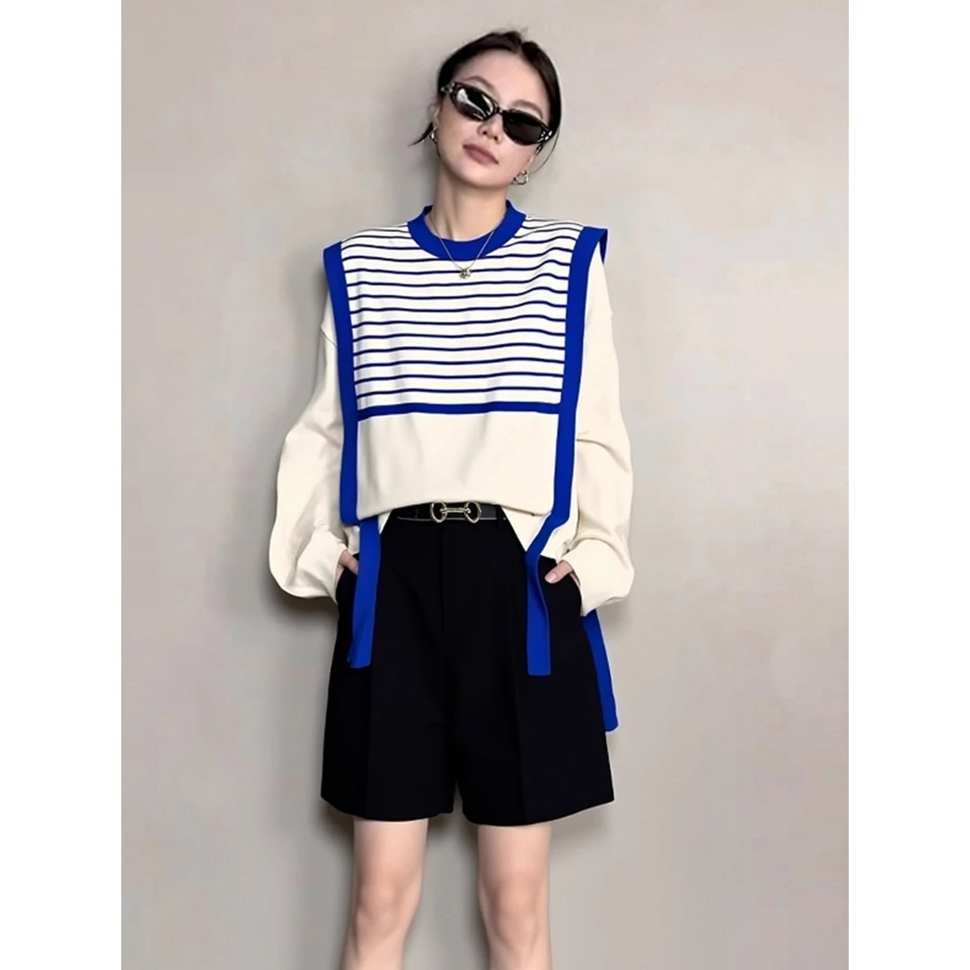 早秋小个子韩系百搭外搭上衣oversize美式高街休闲风蓝白拼接卫衣