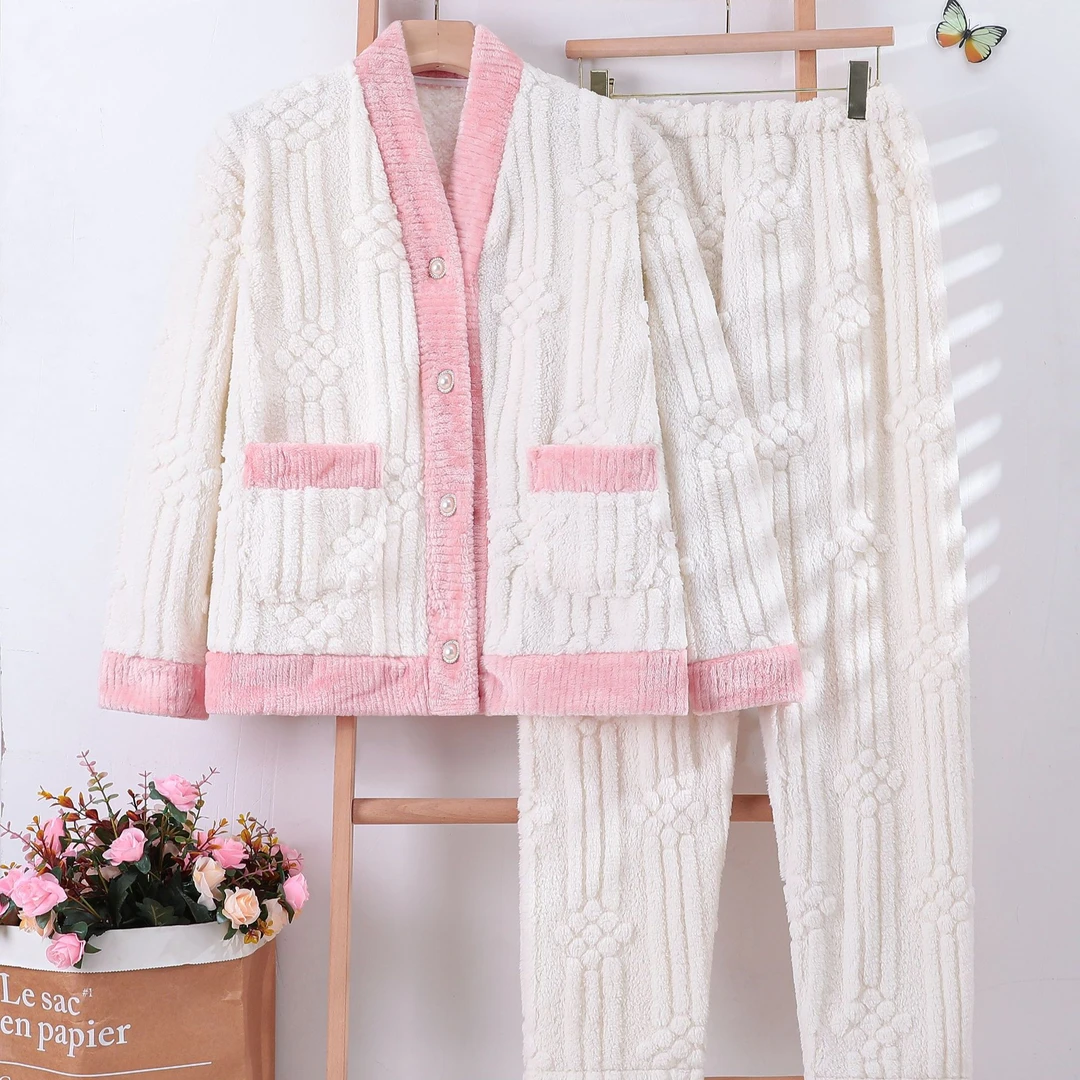 秋季睡衣绒款家居服套装女士保暖睡衣舒适有弹性时尚套装冬款