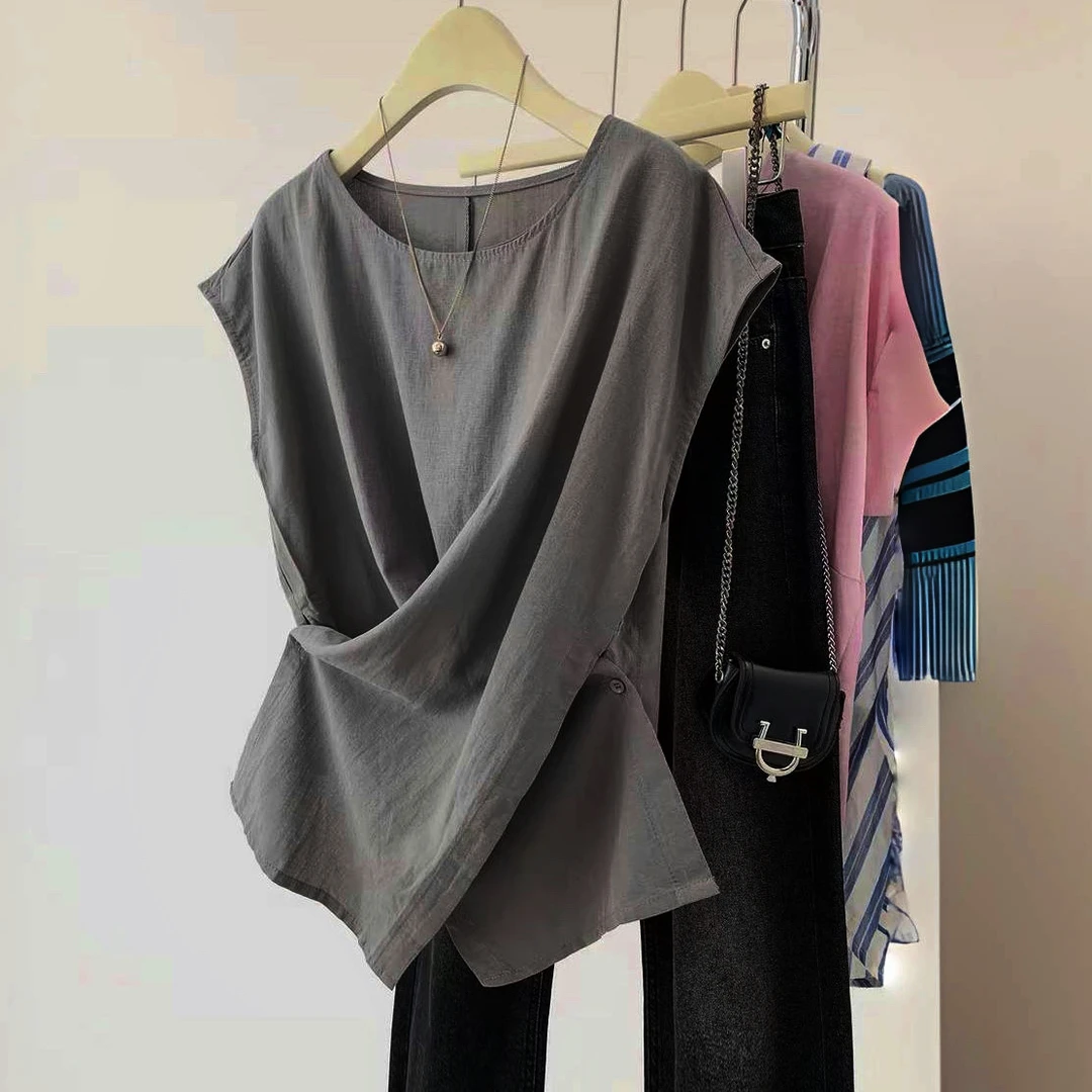 315棉麻交织的呼吸感自然系松弛感勾勒收腰百搭休闲韩版短袖上衣