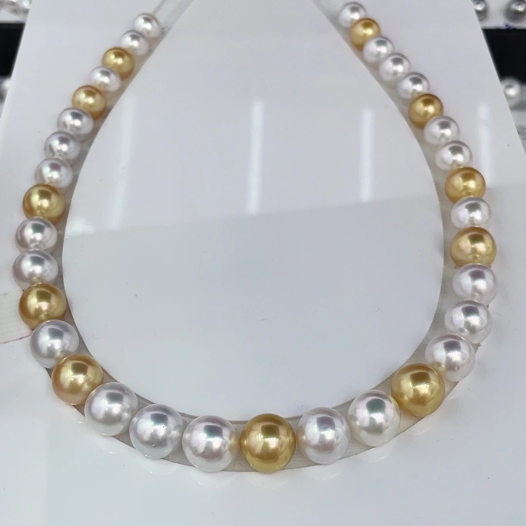 定制海水珍珠未镶嵌裸珠10-12mm宝石光白金混彩项链