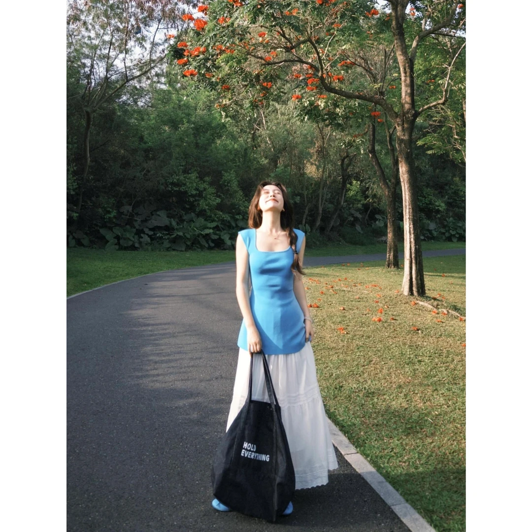 INS CEC夏季时尚套装收腰方领纯色上衣女蛋糕层花边拼接半身裙子