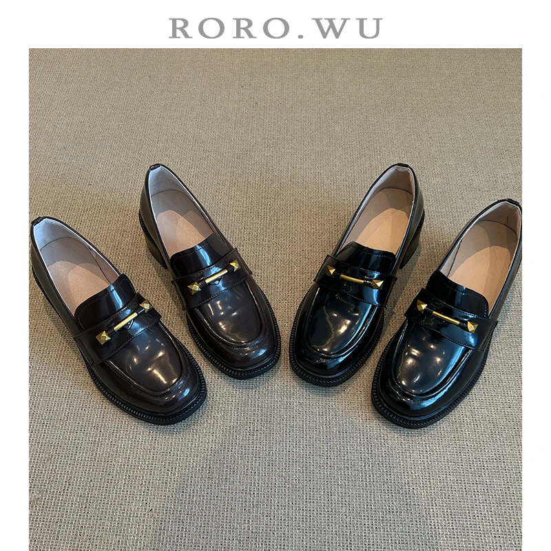 娆娆吴·牛皮休闲气质法式学院英伦百搭时尚乐福鞋高跟单鞋A144