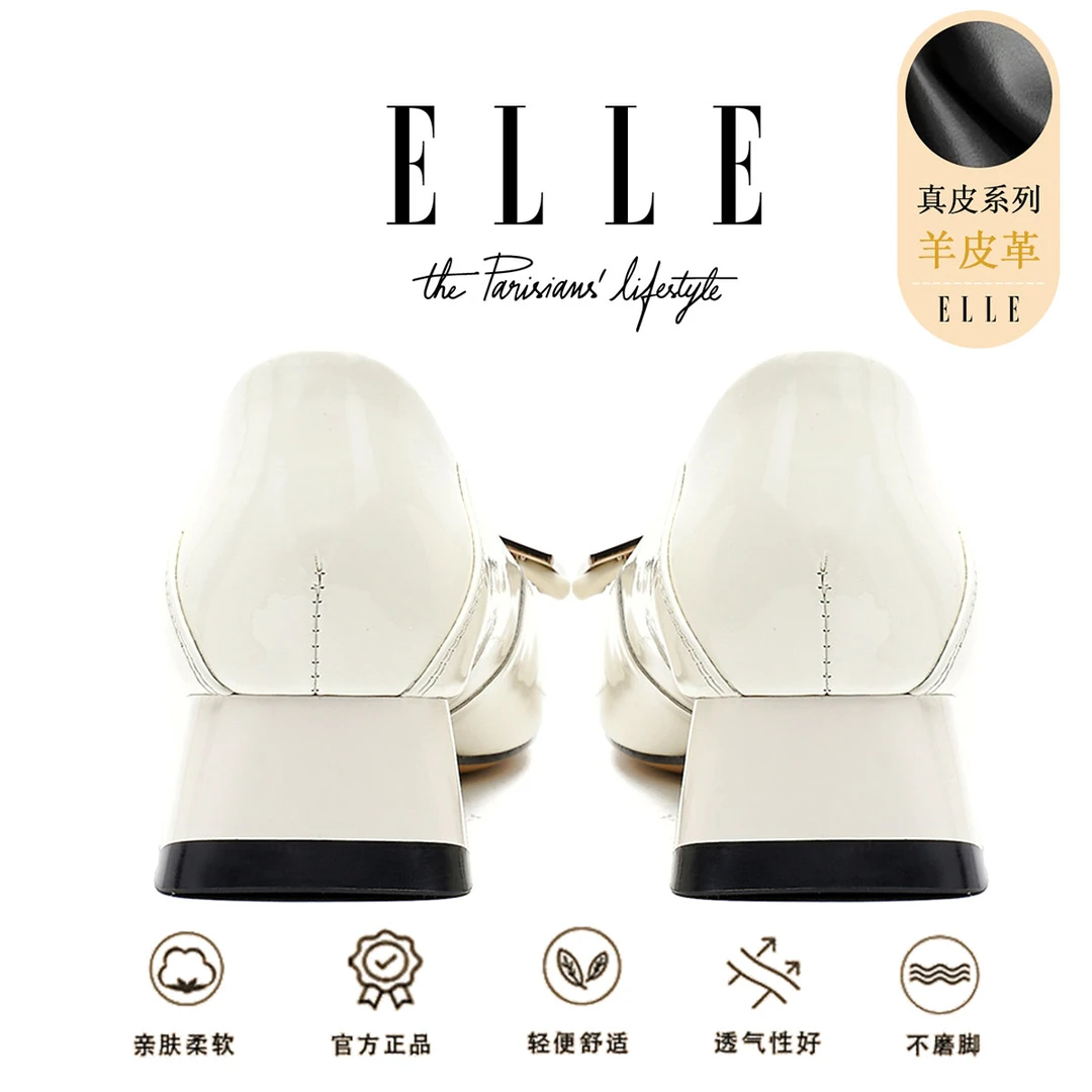 ELLE超软羊皮蝴蝶结单鞋女士气质配裙子上班工作小皮鞋粗跟高跟鞋