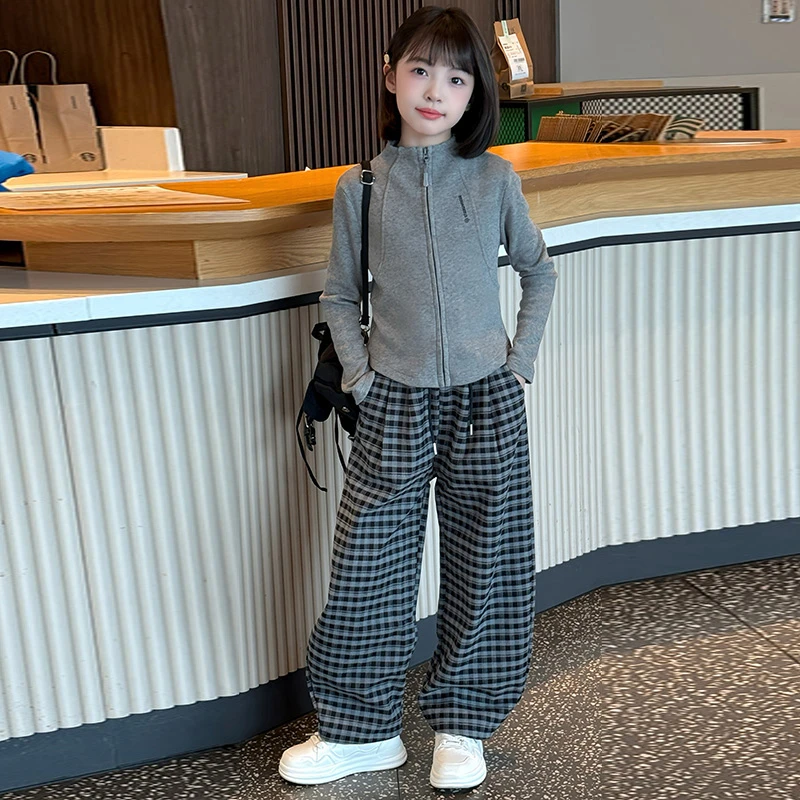 女童秋季洋气时髦针织开衫套装2025新款女大童韩系秋款格子阔腿裤