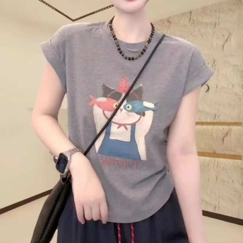 时尚可爱猫咪印花短袖T恤女2025夏季显瘦收腰百搭减龄灰色上衣潮