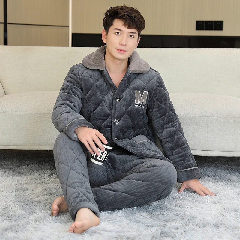 冬季睡衣男三层夹棉保暖珊瑚绒秋冬款男士大码男生家居服套装