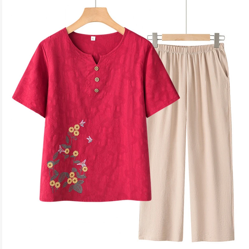 气质妈妈夏季短袖套装奶奶两件套中老年大码T恤上衣休闲老人衣服