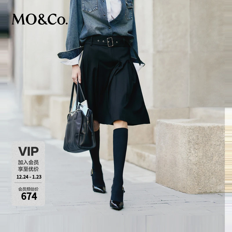 MOCO半身裙2025春新品高腰精裁黑色压褶A字裙附腰带MBE1SKTT10