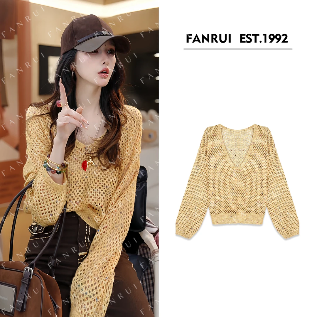 FANRUI/泛芮「贝贝biuu」镂空网网显瘦洋气时髦复古针织衫B17867