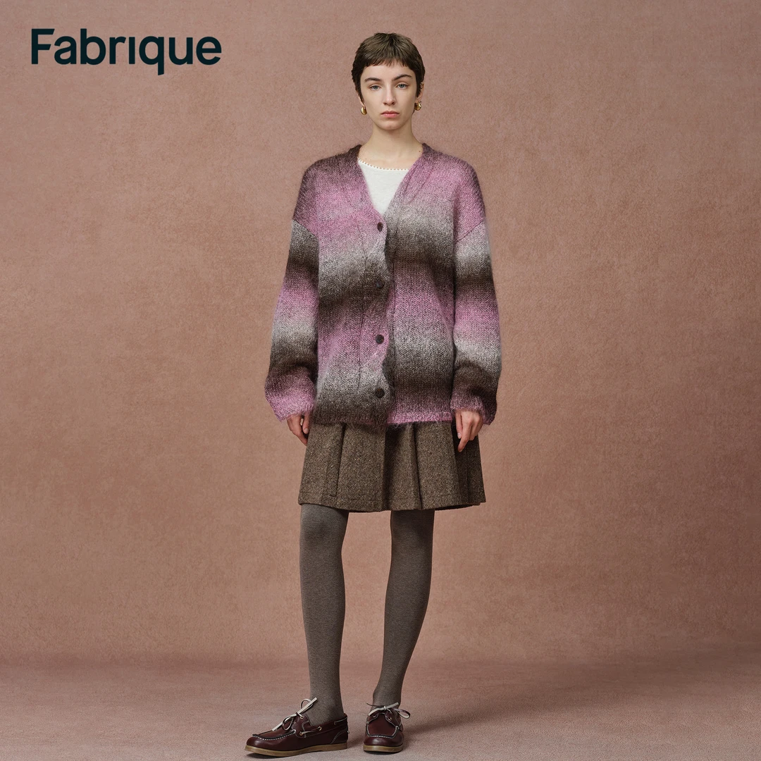 Fabrique Cara 秋冬新品粉墨段染不规则渐变马海毛宽松针织开衫