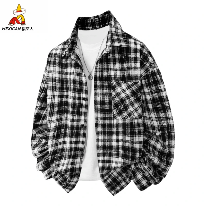 宽松格子长袖衬衫春秋男士秋季新款秋冬百搭翻领休闲港风衬衣开衫