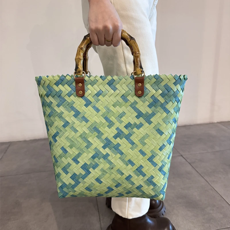 大号莫奈花园仿藤编织包包菜篮子高级法式手提包手工竹编包饭盒包