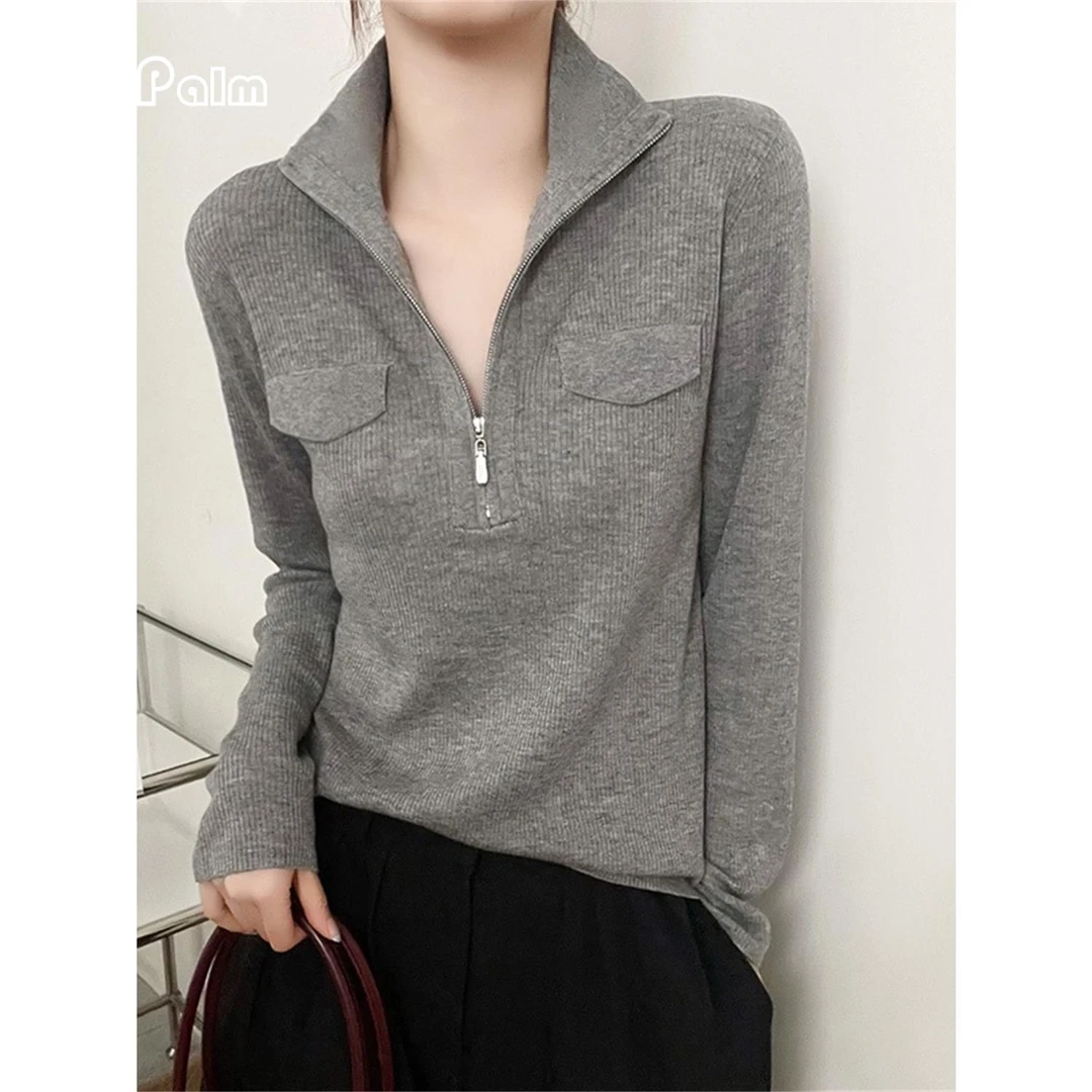 GiftPalm妇女秋冬针织衫半拉炼立领假翻盖口袋裤休闲针织衫修身